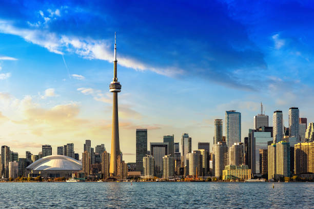 Panoramic view of Toronto skyline and CN Tower at sunset, Ontario, Canada