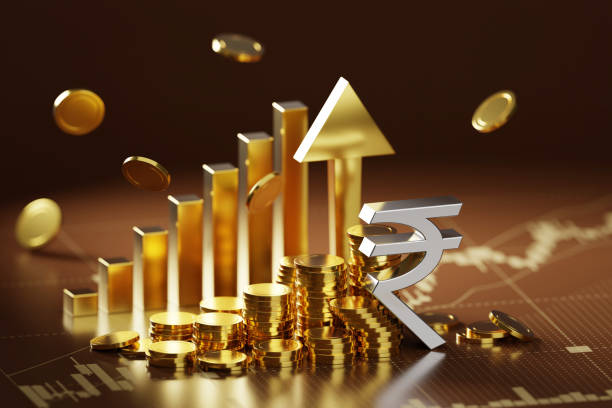 Indian Rupee sign, indian rupee sign and golden coin with arrow pointing upwards background, Financial and banking about house concept, Investment and financial success concept background.