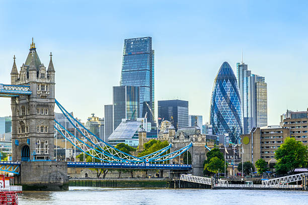 Tower bridge and financial district of London with a cloudless sky at sunset